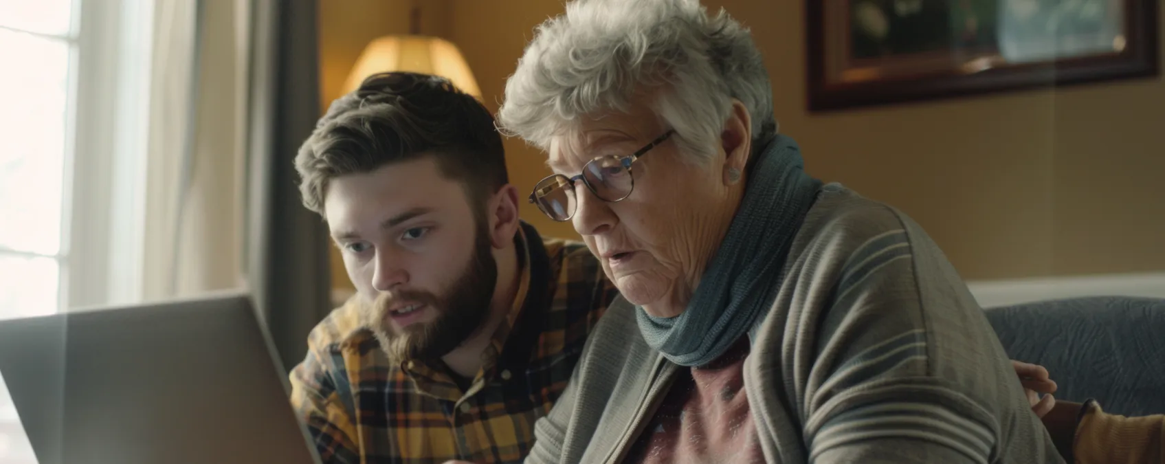 A young man with a beard, wearing a plaid shirt, sits beside an elderly woman with short gray hair and glasses, who is wrapped in a scarf. They are both focused on a laptop screen in front of them, suggesting they are working or learning together. The room has soft lighting, with a lamp in the background, giving the setting a warm, cozy atmosphere.