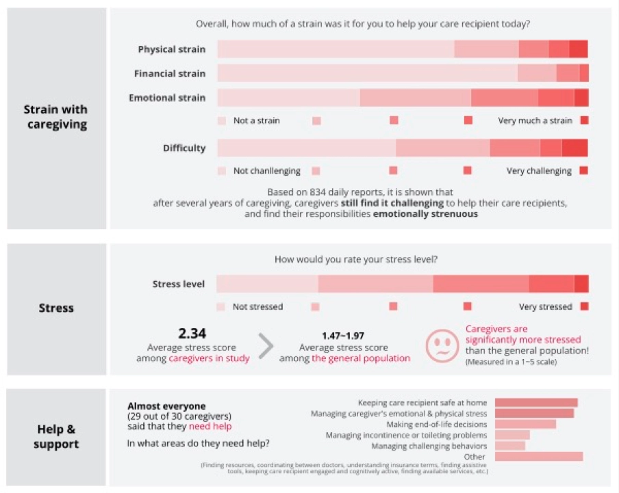 Various types of graphs depicting various strains and difficulties faced by caregivers