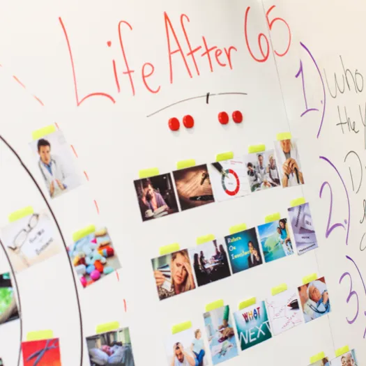 A whiteboard with the heading "Life After 65" written in red marker at the top. Below the title are several rows of images, representing different aspects of life or considerations for individuals over 65. To the right, there is a numbered list in purple marker with partially visible points, possibly outlining key topics related to aging, such as planning or decision-making. Red magnets and yellow sticky notes are used to organize the visual content. The board suggests a brainstorming or planning session focused on senior living and care.