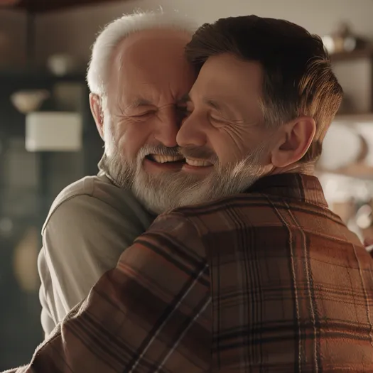 A heartfelt moment between two men, one older and one younger, both smiling with their eyes closed as they embrace each other warmly. The older man on the left has white hair and a beard, while the younger man on the right has darker, graying hair and is wearing a plaid shirt. The setting appears cozy and intimate, possibly a home environment with soft lighting. The expressions of joy and affection convey a sense of deep connection, love, or friendship.